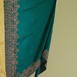 Indian Shawl, Teal and Gold With Detailed Work